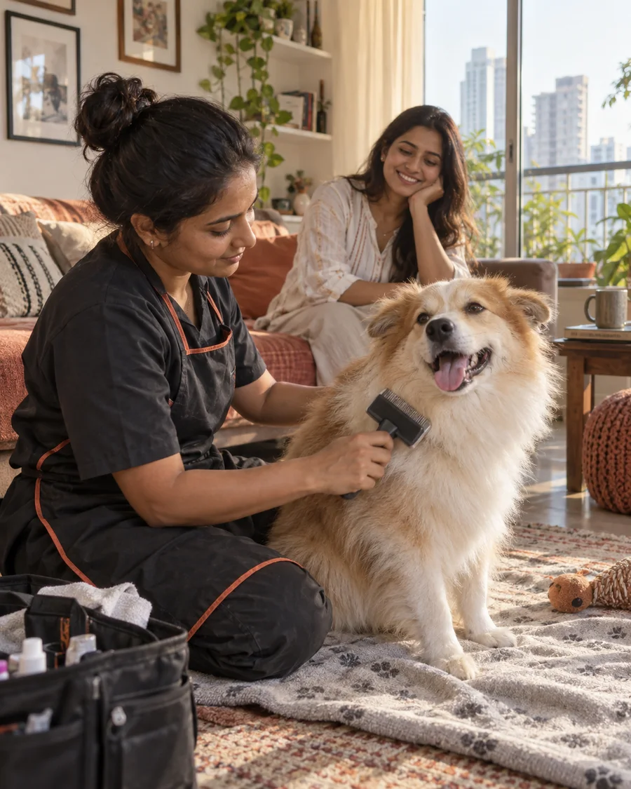 Groomer brushing a dog at home