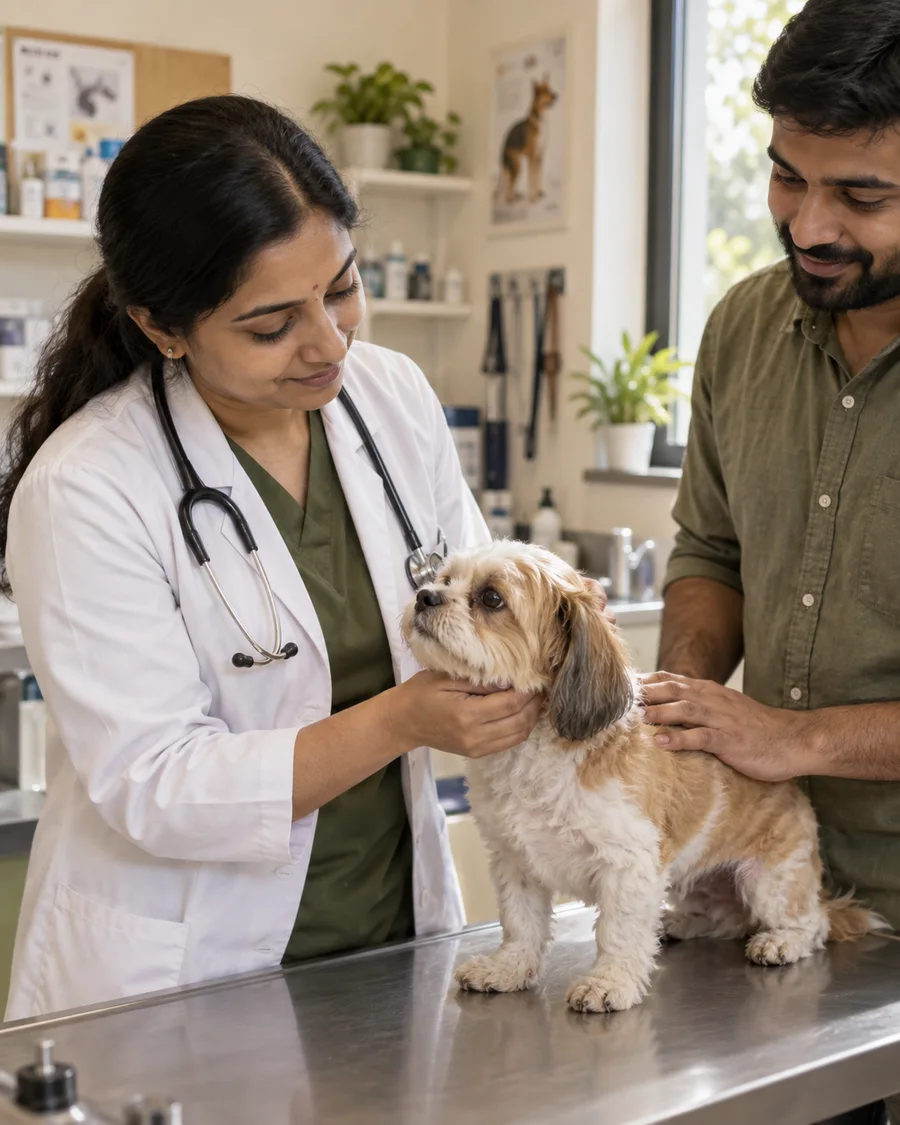 Veterinarian gently examining a dog
