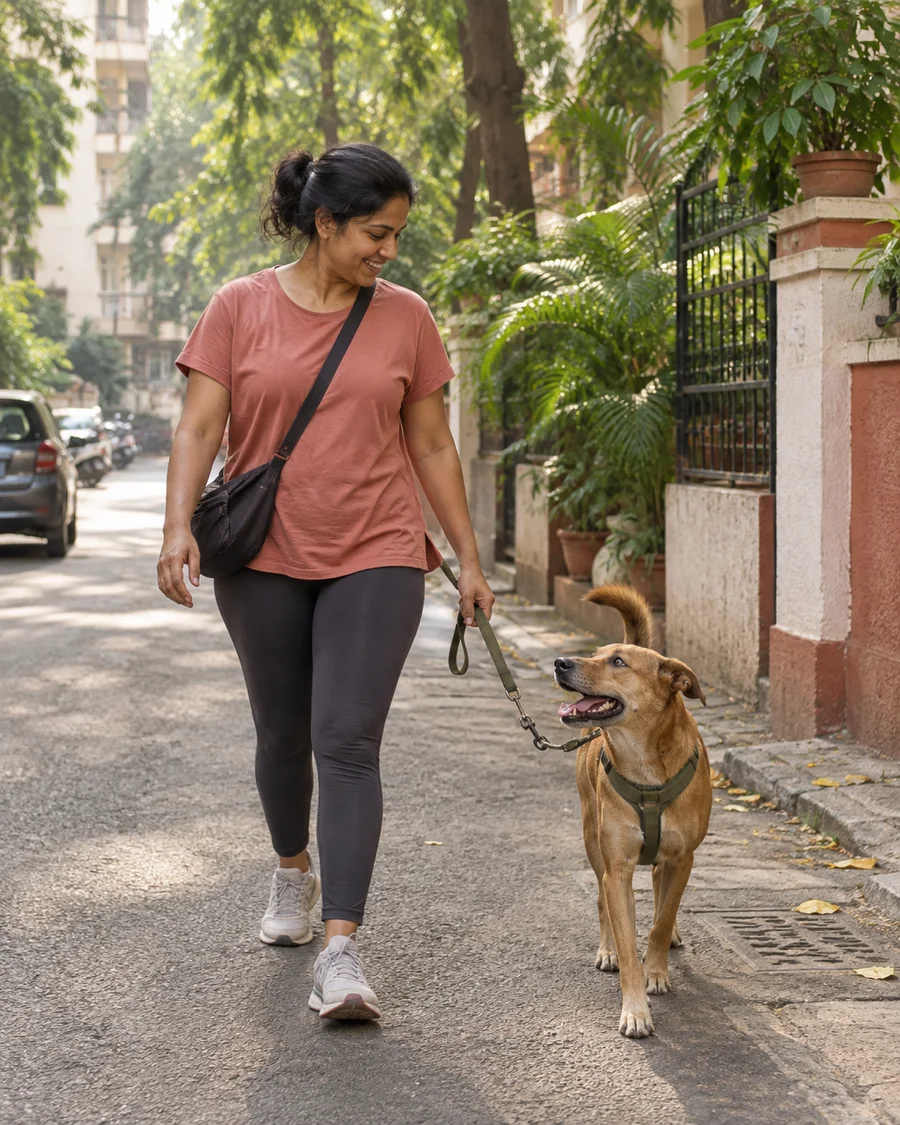 Walker and dog on a leafy Mumbai street